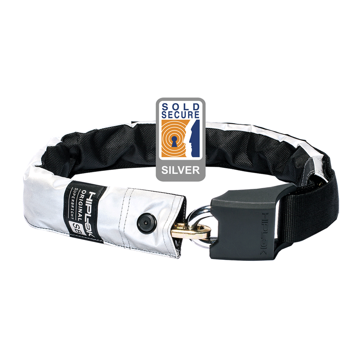 HIPLOK ORIGINAL V1.5 WEARABLE CHAIN LOCK 8MM X 90CM - WAIST 24-44 INCHES (SILVER SOLD SECURE) HIGH VISIBILITY