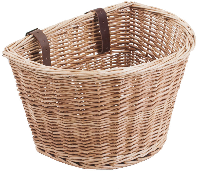 D Shaped wicker basket with leather straps